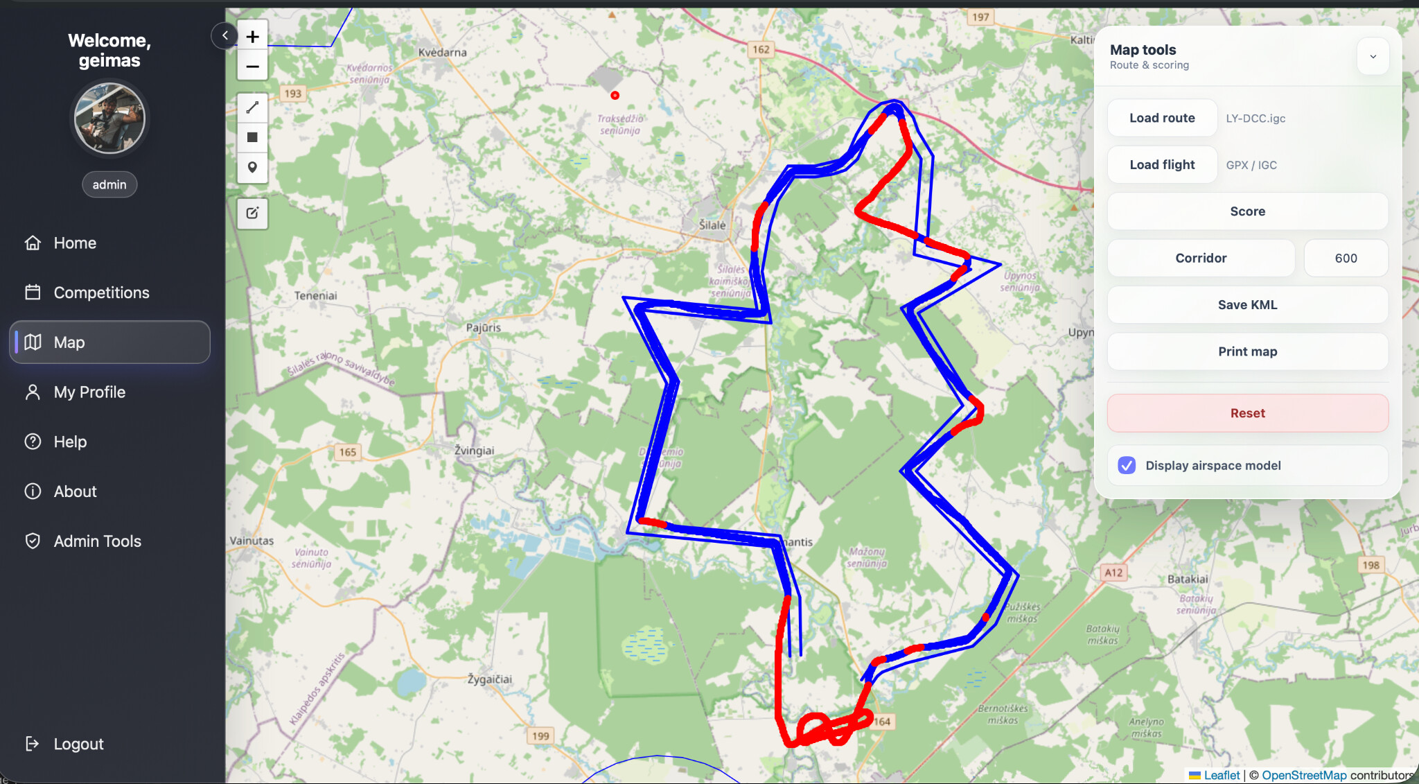 GEIMAS route, flight track, scoring and map printing interface